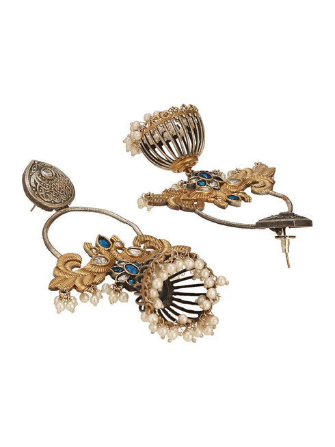 Oxidised Dual Toned Pearl Beaded Floral Peacock Design Contemporary Hoop Jhumka Earrings
