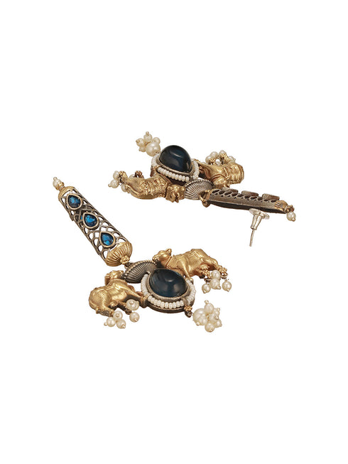 Oxidised Silver Plated Dual Plated Turquoise Blue Pearl Beaded Bull Motif Contemporary Dangle Earrings