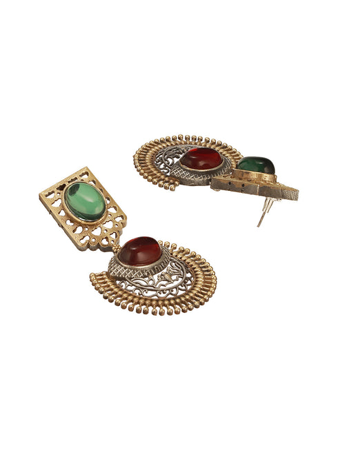 Antique Gold-Toned Dual Red & Green Stone Engraved Handcrafted Dangler Earrings