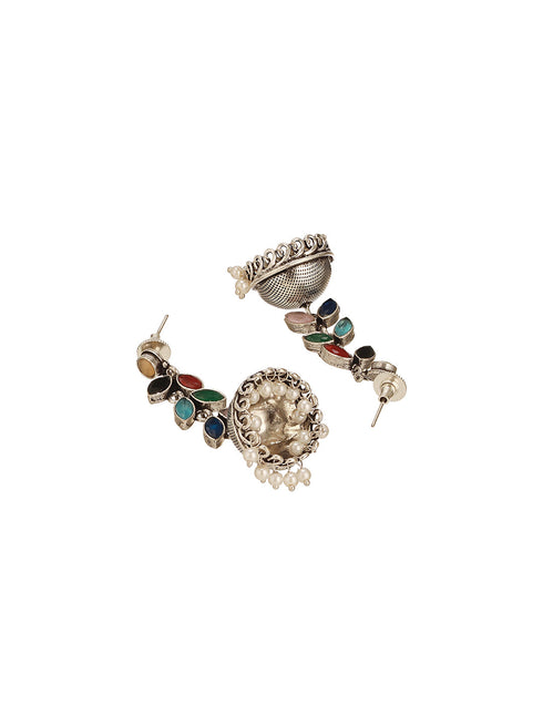 Oxidised Silver Toned Multicolored Handcrafted Leaf Design Dangler Minimal Jhumka Earrings