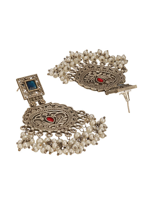 Oxidised Silver Toned Intricate Handcrafted Pearl Beaded Dangler Trendy Chandbali earrings