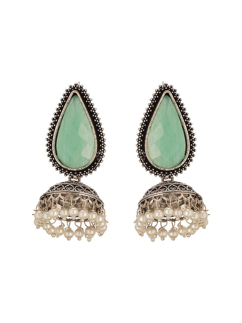 Oxidised Silver-Toned Green Stone & Pearl Beaded Teardrop Stone Handcrafted Jhumka Earrings