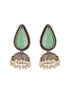 Oxidised Silver-Toned Green Stone & Pearl Beaded Teardrop Stone Handcrafted Jhumka Earrings