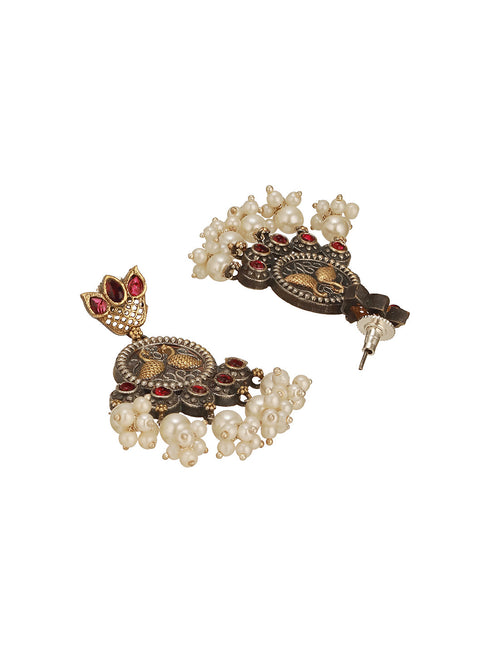 Oxidised Dual Toned Red Stone Pearl Beaded Handcrafted Peacock Filigree Chandbali Earrings