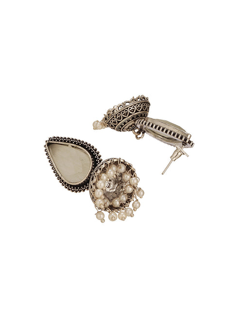 Oxidised Silver-Toned White Stone & Pearl Beaded Teardrop Stone Handcrafted Jhumka Earrings