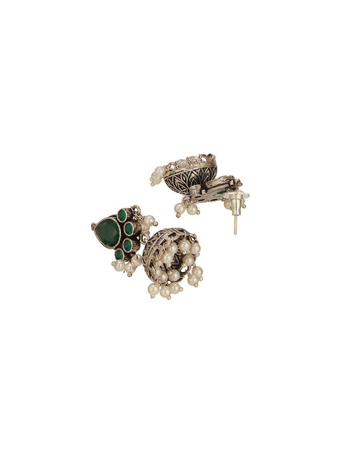 Oxidised Silver Toned Emerald Green AD Zircon & Pearl Beaded Dangler Minimal Jhumka Earrings