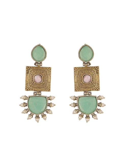 Oxidised Gold Toned Mint Stone Studded Contemporary Tribal Long dangler Earrings