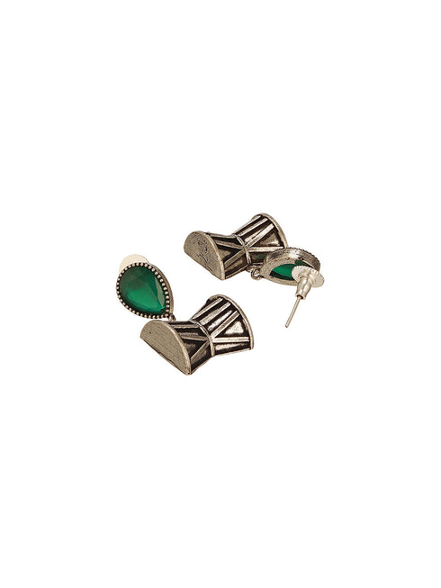 Oxidised Silver Toned Emerald AD Zircon Studded Handcrafted Damru Shaped Studds Earrings