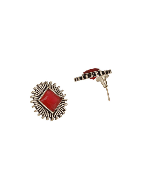 Oxidised Silver Toned Ruby Red Stone Studded Geometric Square Shaped Minimal Studds Earrings