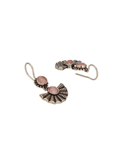 Oxidised Silver Plated Pink Stone Studded Minimal Fan Shaped Fishhook Earrings