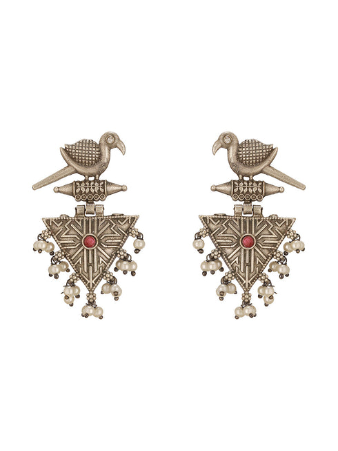 Oxidised Silver Toned Red Stone & Pearl Beaded Drop Handcrafted Long Dangler Minimal Statement Earrings
