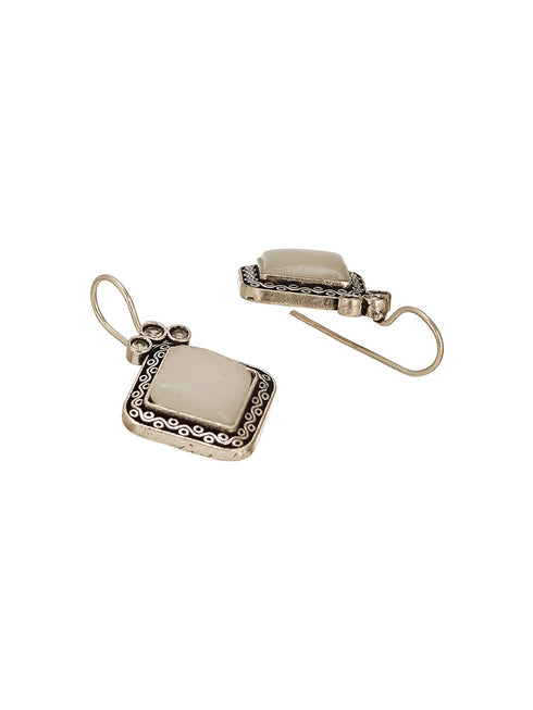 Silver Oxidised Plated White Stone Studded Square Minimal Fish Hook Earrings