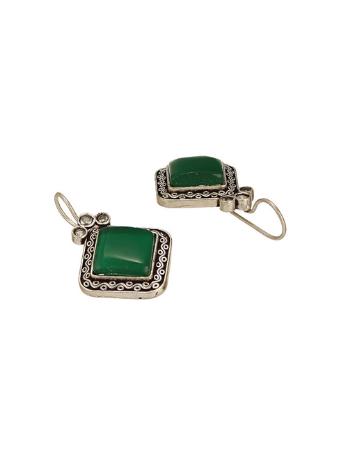 Silver Oxidised Plated Green Stone Studded Square Minimal Fish Hook Earrings