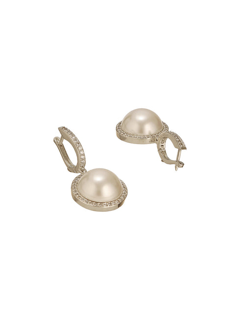 Silver Plated AD Studded Circular Pearl Drop Minimal Bali dangler Earrings