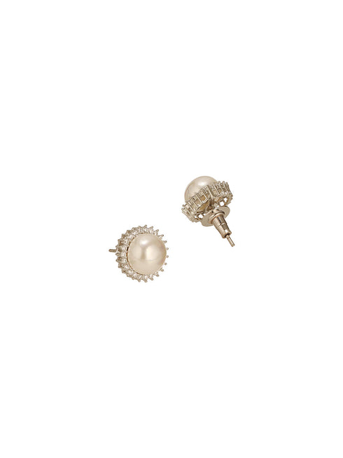 White Rhodium AD & Pearl Studded Classic Minimal Solitaire Studds Earrings