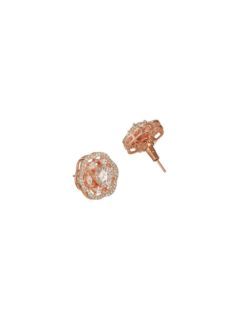 Rose Gold Polished White AD Studded Floral Minimal Solitaire Studds Earrings