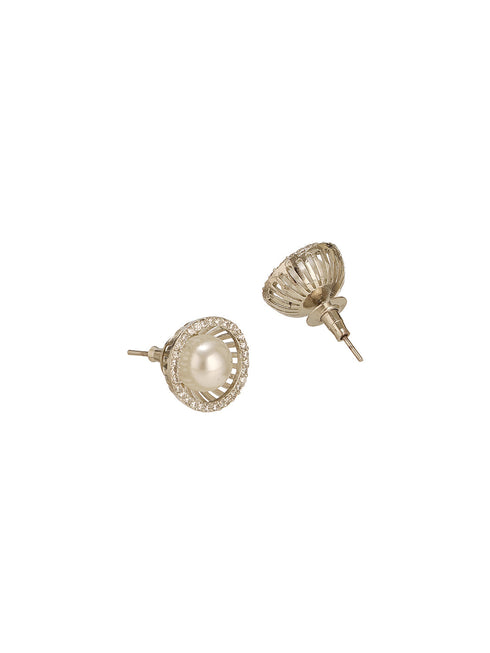 Silver Plated AD Studded Orbital Pearl Minimal Studds Earrings