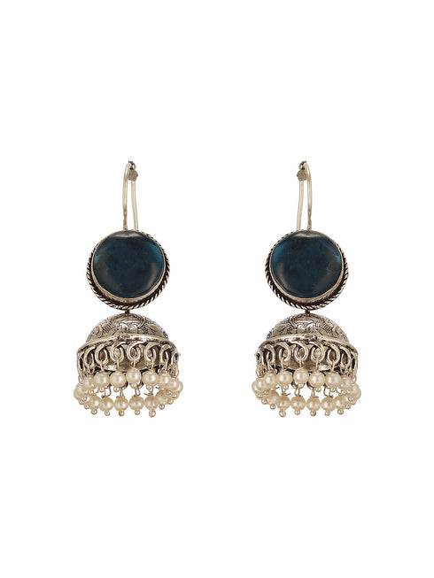 Oxidised Silver Toned Ice Blue Stone Fish Hook Contemporary Jhumka Earrings