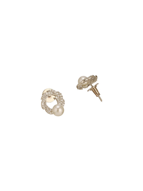 Silver Plated AD & Pearl Studded Floral Minimal Contemporary Studds earrings