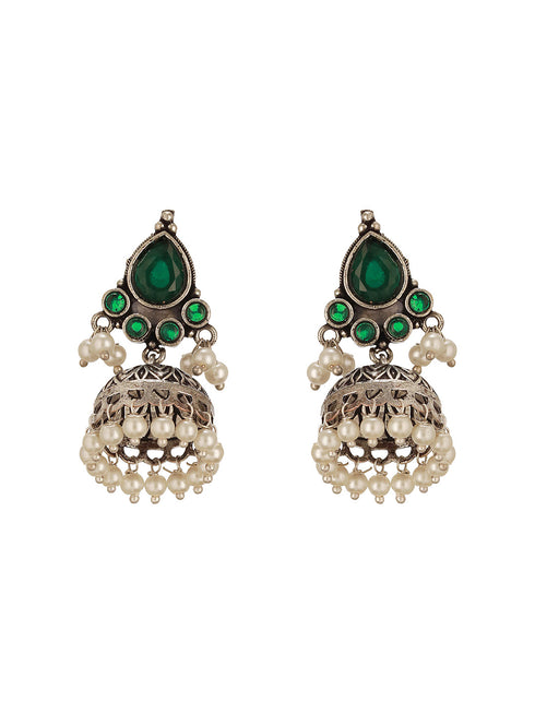 Oxidised Silver Toned Emerald Green AD Zircon & Pearl Beaded Dangler Minimal Jhumka Earrings