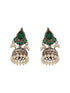 Oxidised Silver Toned Emerald Green AD Zircon & Pearl Beaded Dangler Minimal Jhumka Earrings
