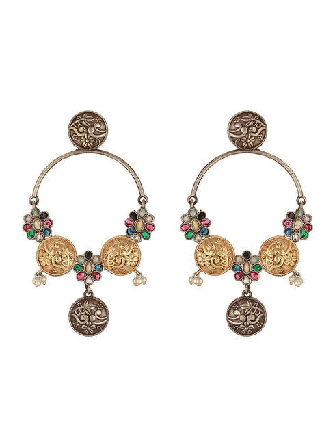 Oxidised Dual Toned Red Stone Pearl Beaded Handcrafted Floral Filigree large Hoop Chandbali Earrings