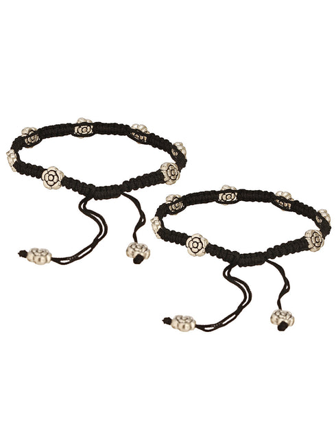 Set of 2 Silver Oxidised Stone Studded Flower Design Minimal Dailywear Anklet Payal
