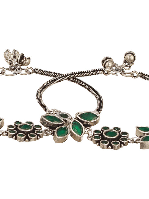 Set of 2 Silver Oxidised Green Stone Studded Trendy Floral Minimal Bridal Dailywear Anklet Payal
