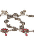 Set of 2 Silver Oxidised Ruby Red Stone Studded Peacock & Flower Minimal Dailywear Anklet Payal
