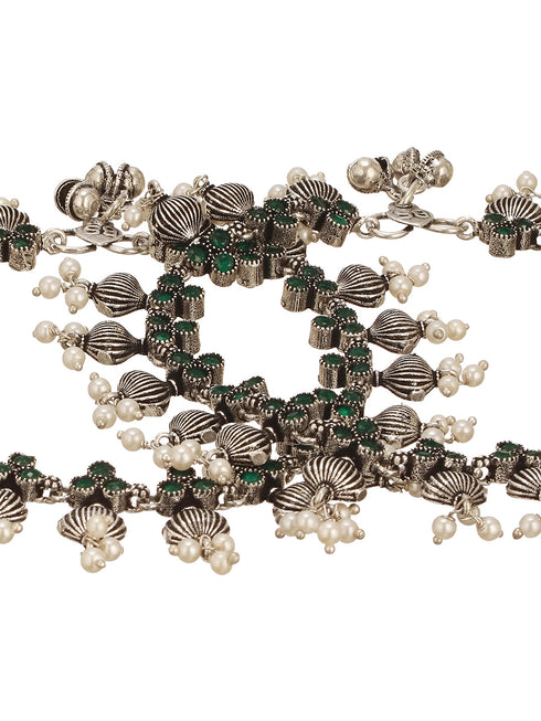 Set of 2 Silver Oxidised Green Stone Studded Flower Minimal Dailywear Anklet Payal