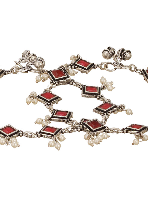 Set of 2 Silver Oxidised Ruby Red Stone Studded Minimal Dailywear Anklet Payal