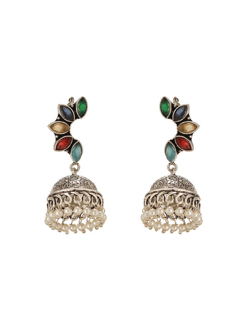 Oxidised Silver Toned Multicolored Handcrafted C Shaped Dangler Minimal Jhumka Earrings