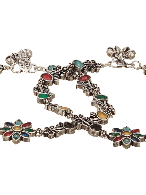 Set of 2 Silver Oxidised Multi Colored Stone Studded Peacock & Flower Minimal Dailywear Anklet Payal