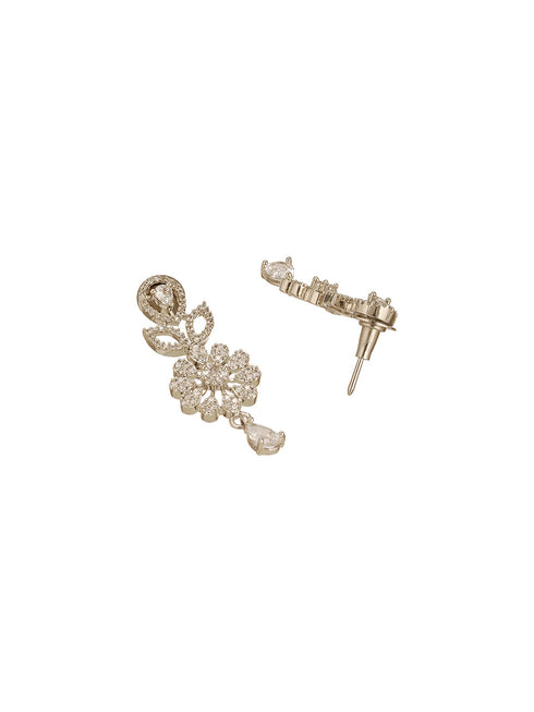 White Rhodium AD Studded Floral Design Statement Pendant Neckalce jewellery Set