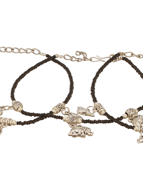 Combo of 3 Black Beads Minimal Thread Bird Elephant leaf Motif Anklet Payal