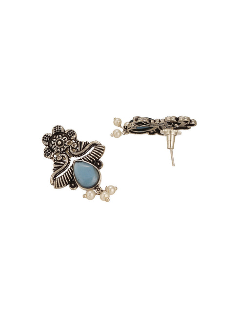 Oxidised Silver Toned Blue & white Stone Studded Statement Tribal Choker Jewellery Set