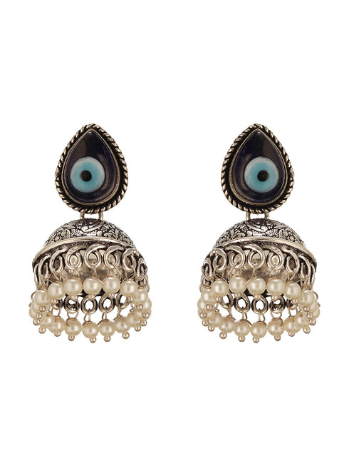 Oxidised Silver Toned Evil Eye Handcrafted Minimal Trendy Jhumka Earrings