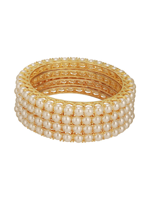 Set Of 4 Gold Polish Pearl Beaded Partywear Bangles