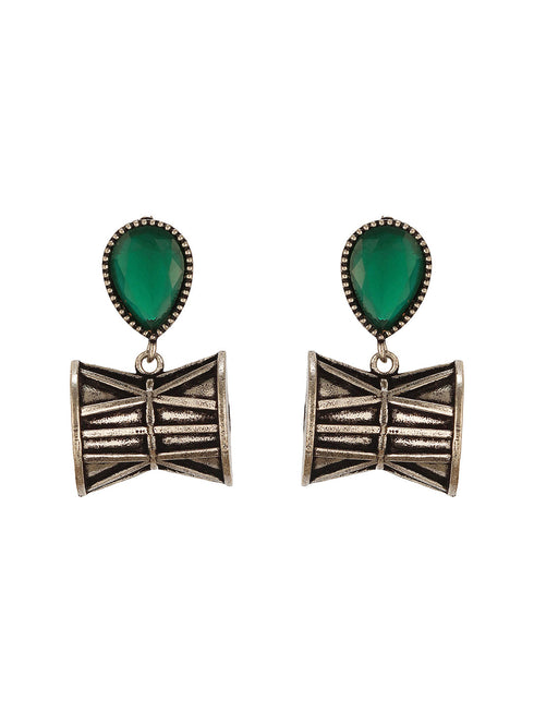 Oxidised Silver Toned Emerald AD Zircon Studded Handcrafted Damru Shaped Studds Earrings