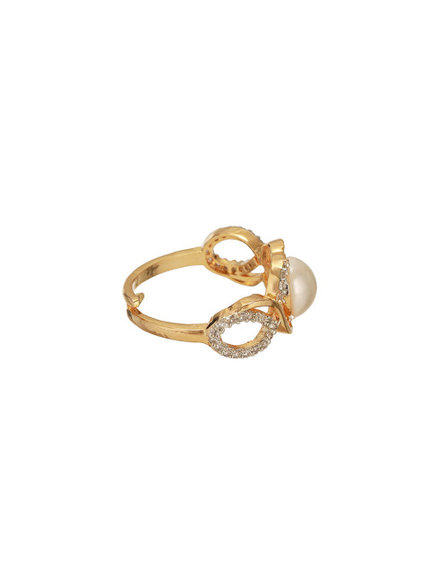 Combo Gold Plated White AD & Pearl Studded Floral Minial Ring, Bracelet With Earrings Jewellery Set
