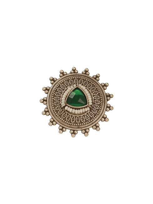 Oxidised Silver Toned Emerald Green Stone Studded Fusion Statement Tribal Adjustable Finger Ring