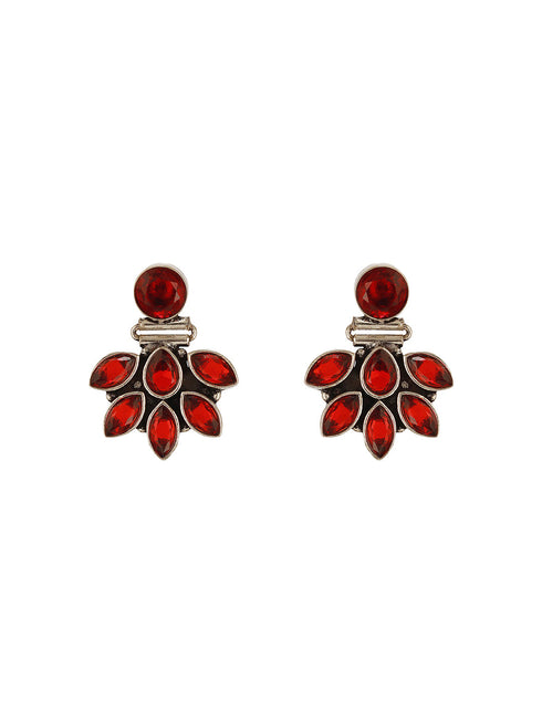 Silver Toned Fiery Red AD Zircon Studded Floral Minimal Earrings