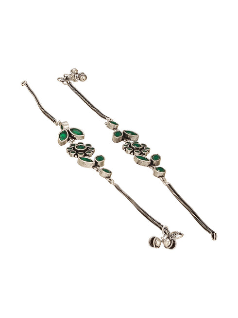Set of 2 Silver Oxidised Green Stone Studded Trendy Floral Minimal Bridal Dailywear Anklet Payal
