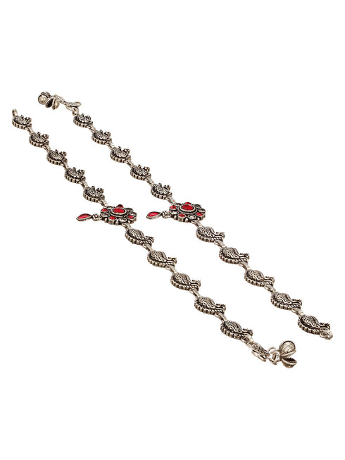 Set of 2 Silver Oxidised Ruby Red Stone Studded Peacock & Flower Minimal Dailywear Anklet Payal