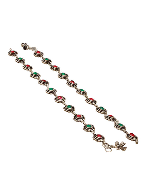 Set of 2 Silver Oxidised Ruby Red & Green Stone Studded Minimal Bridal Dailywear Anklet Payal