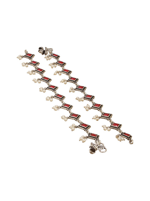 Set of 2 Silver Oxidised Ruby Red Stone Studded Minimal Dailywear Anklet Payal