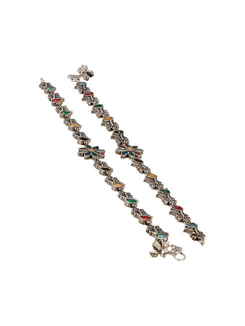 Set of 2 Silver Oxidised Multi Colored Stone Studded Peacock & Flower Minimal Dailywear Anklet Payal