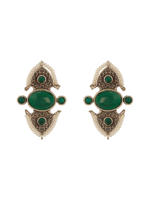 Oxidised Silver Toned Green Stone Studded Unique Pearl Beaded Handcrafted Studds earrings