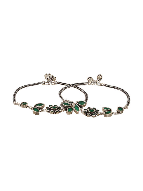 Set of 2 Silver Oxidised Green Stone Studded Trendy Floral Minimal Bridal Dailywear Anklet Payal
