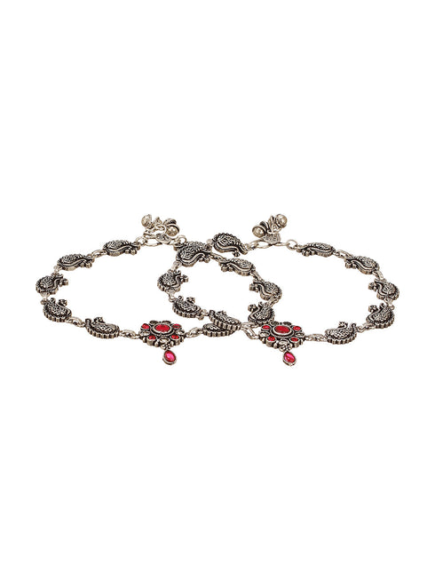 Set of 2 Silver Oxidised Ruby Red Stone Studded Peacock & Flower Minimal Dailywear Anklet Payal